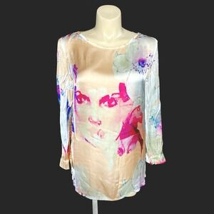 REPEAT Tunic XL Unique Watercolor Art Top Blouse Face Floral Hi Low Long Sl NICE